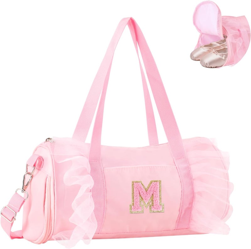 Iqimott Personalized Initial Dance Bag for Girls 4-6, Small Lace Gym Sport Yoga Cheer Dance Bags Gift for Teen Girls, Cute Letter Kids Ballet Bag Toddler Travel Duffel Tote with Adjustable Straps(Pink-M) - Image 1